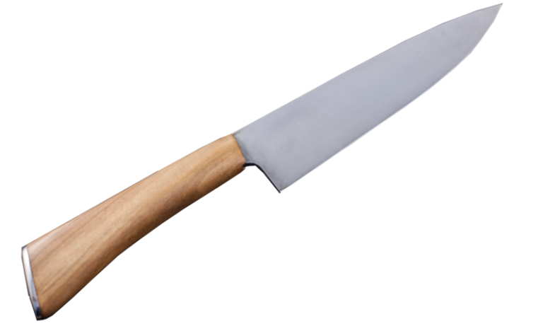 couteau de cuisine artisanal chef éminceur haut de gamme, manche olivier, montage sur soie