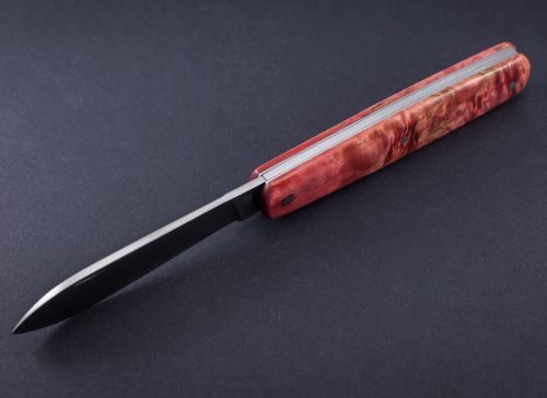couteau de poche pliant artisanal cran plat, manche  bouleau de Carélie, lame pointe centrée inox (modèle calypso)