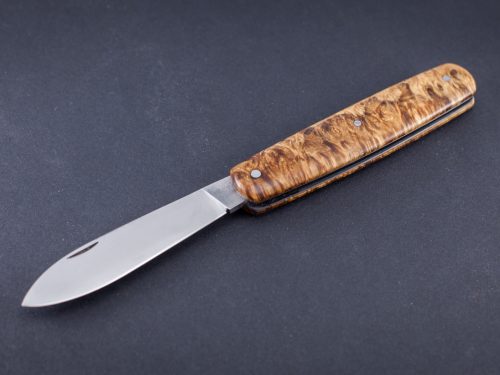 couteau de poche pliant artisanal cran plat, manche  érable negundo, lame pointe centrée inox (modèle calypso)